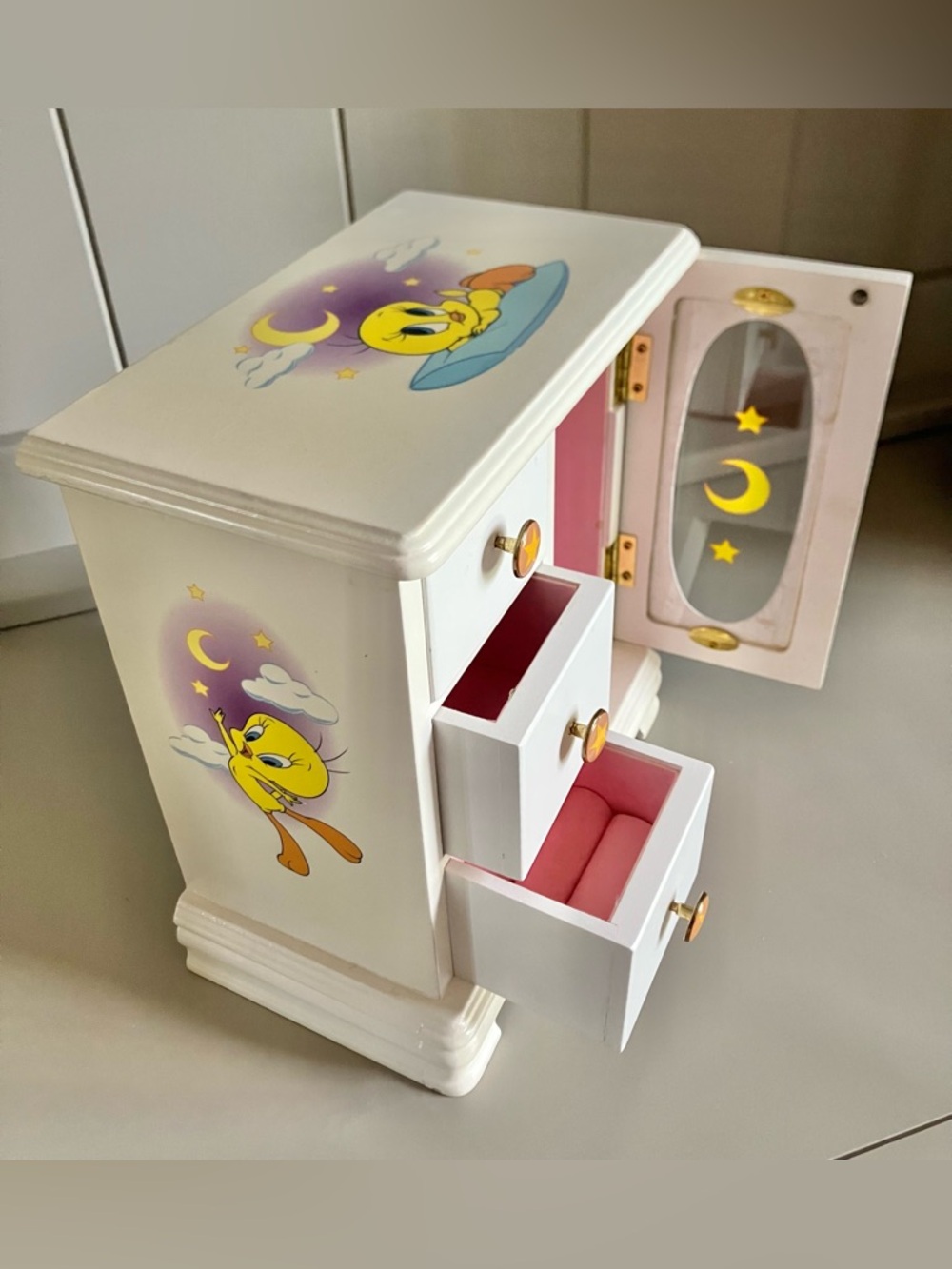 1999 Vintage LOONEY TUNES Tweety Bird Wood Glass Wood Glass Jewelry Box RARE!